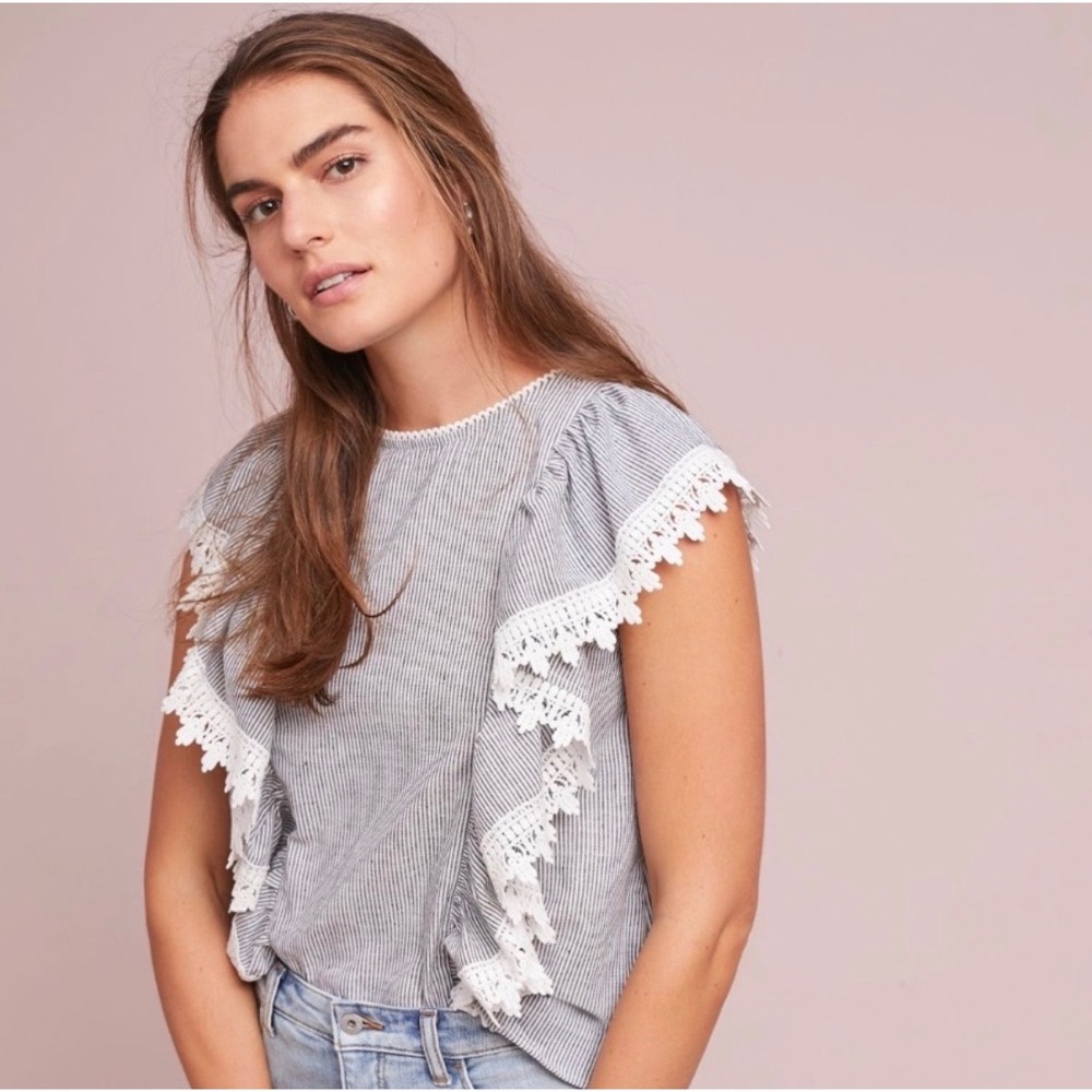 M15 Eri + Ali Anthropologie Blue White Pinstripe Lace Ruffle Sleeveless Top S